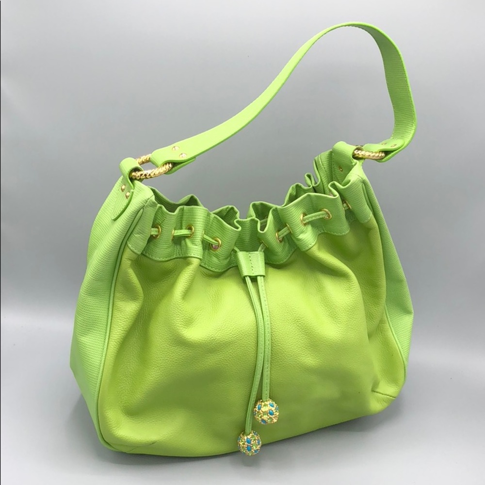Lilly Pulitzer Green Leather Cinch Top Hobo BIN23